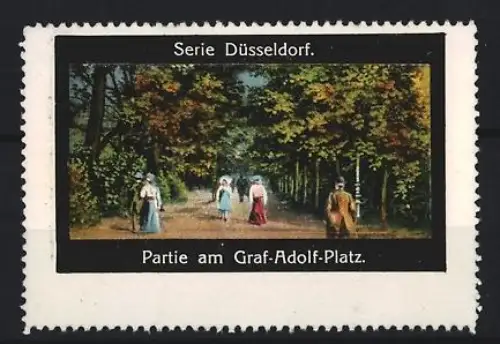 Reklamemarke Düsseldorf, Partie am Graf-Adolf-Platz, Spaziergänger im Waldweg