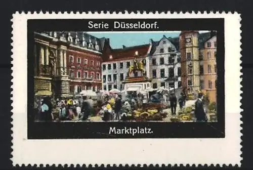Reklamemarke Düsseldorf, Marktplatz, Ortsansicht mit Menschen und Gebäuden