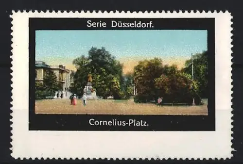 Reklamemarke Düsseldorf, Cornelius-Platz, Parkansicht mit Statue