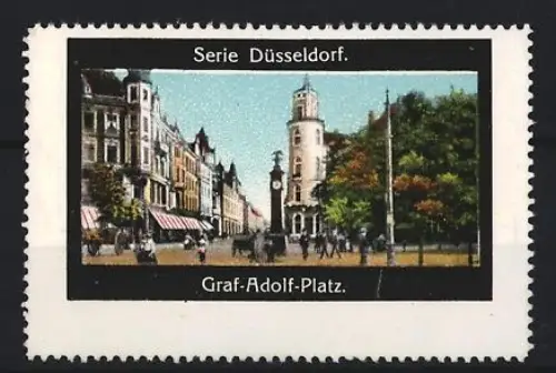 Reklamemarke Düsseldorf, Graf-Adolf-Platz, Stadtszene mit Turm und Bäumen