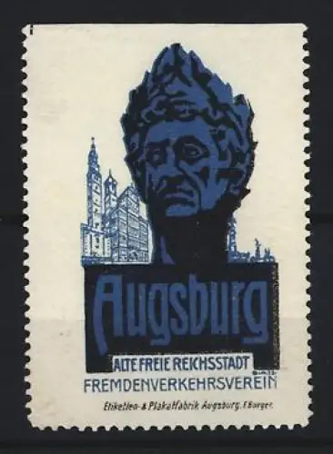 Reklamemarke Augsburg, Fremdenverkehrsverein, Büste und Gebäude