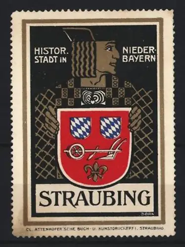 Reklamemarke Straubing, Wappen mit Pflug und Rauten