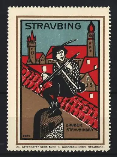 Reklamemarke Straubing, Bruder Straubinger, Musiker auf Mauer