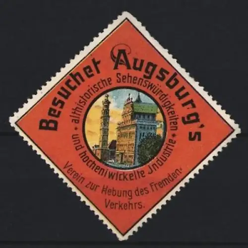 Reklamemarke Augsburg, Verein zur Hebung des Fremdenverkehrs, Ortsansicht während der Dämmerung