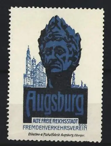 Reklamemarke Augsburg, Fremdenverkehrsverein, Büste und Gebäude