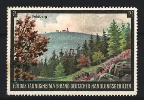 Reklamemarke Feldberg, Verband deutscher Handlungsgehilfen für das Taunusheim, Landschaft mit Bäumen und Bergen