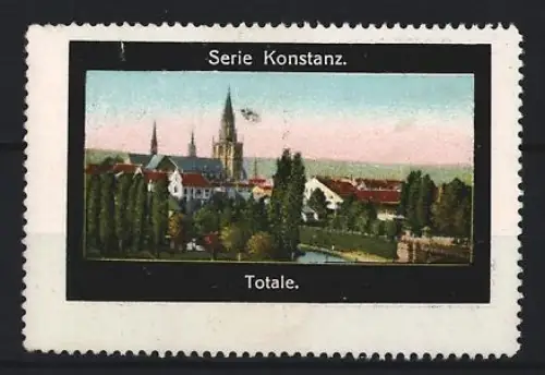 Reklamemarke Konstanz, Ortsansicht mit Kirche und Grünanlagen