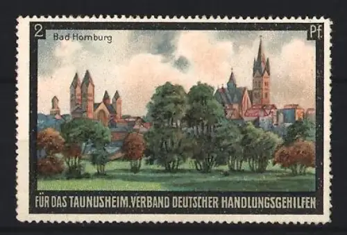 Reklamemarke Bad Homburg, Verband deutscher Handlungsgehilfen für das Taunusheim, Ortsansicht mit Kirchen