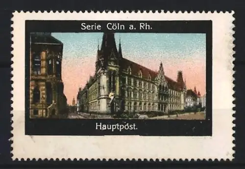 Reklamemarke Köln, Hauptpost, Hauptgebäude im Abendlicht