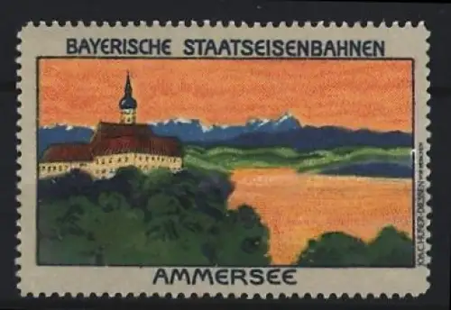 Reklamemarke Ammersee, Bayerische Staatseisenbahnen, Landschaft mit Kirche