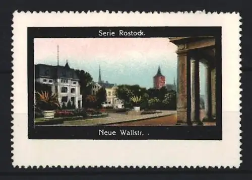 Reklamemarke Rostock, Neue Wallstr., Ortsansicht mit Gebäuden
