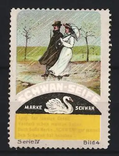 Reklamemarke Schwan-Seife, Paar beim Spaziergang im Regen