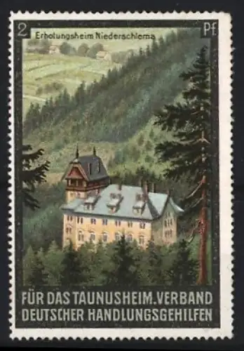 Reklamemarke Niederschlema, Verband deutscher Handlungsgehilfen für das Taunusheim, Gebäude im Wald