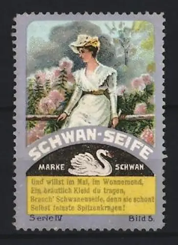 Reklamemarke Schwan-Seife, Frau im Garten mit Blumen und Schwan-Symbol