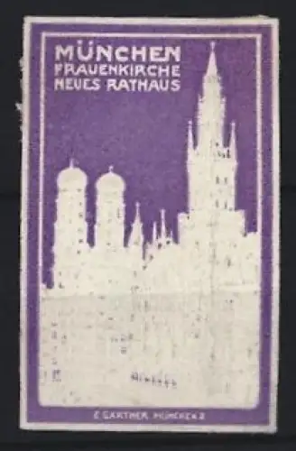 Reklamemarke München, Frauenkirche und Neues Rathaus, Silhouette, lila