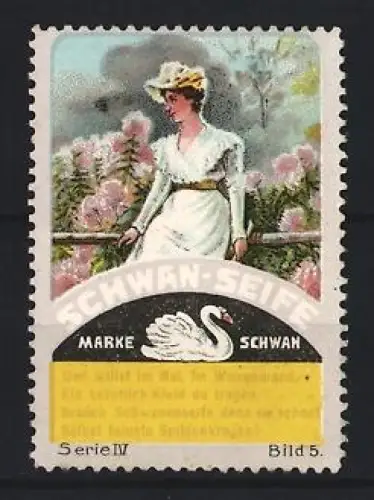 Reklamemarke Schwan-Seife, Dame im Garten und im weissen Kleid