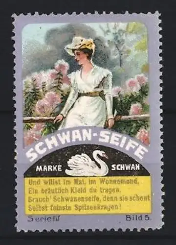 Reklamemarke Schwan-Seife, Frau im schönen Kleid, Schwanenmotiv