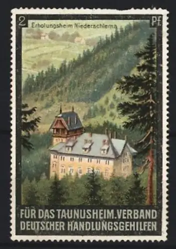 Reklamemarke Niederschlema, Verband deutscher Handlungsgehilfen für das Taunusheim, Gebäude im Wald