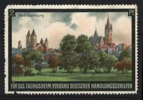 Reklamemarke Bad Homburg, Verband deutscher Handlungsgehilfen für das Taunusheim, Ortsansicht mit Kirchen