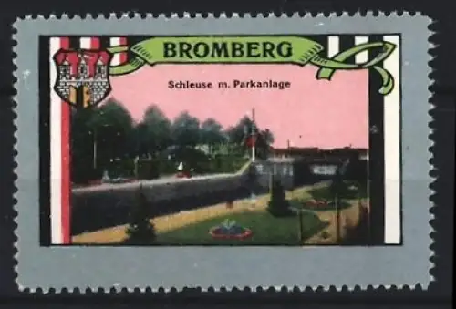 Reklamemarke Bromberg, Schleuse m. Parkanlage, Stadtwappen