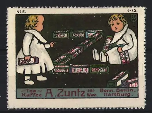Reklamemarke Bonn & Berlin, A. Zuntz, Tee und Kaffee, spielende Kinder mit Teepackungen
