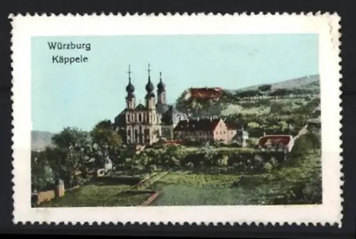 Reklamemarke Würzburg, Käppele, Wallfahrtskirche mit Landschaftsansicht