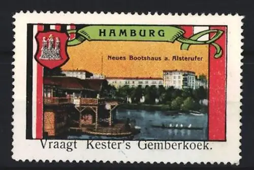 Reklamemarke Hamburg, Vraagt Kester`s Gemberkoek, Kekse, Neues Bootshaus a. Alsterufer