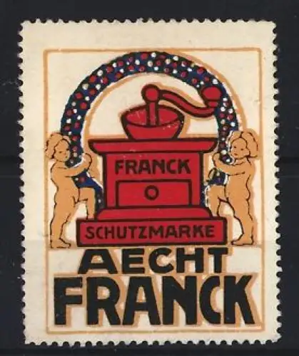 Reklamemarke Aechte Franck, Kaffee, Kaffeemühle mit Putten