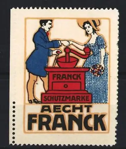 Reklamemarke Aecht Franck, Kaffee, Kaffeemühle und Paar