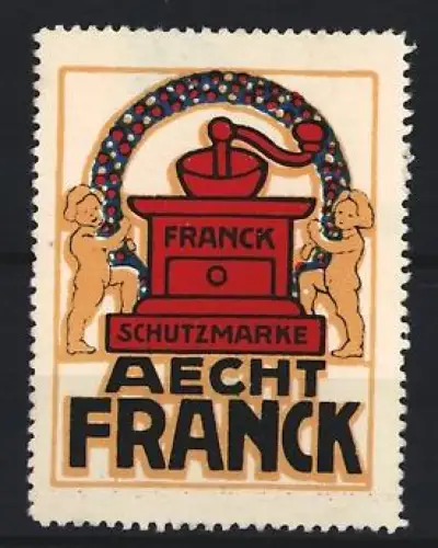 Reklamemarke Aechte Franck, Kaffee, Kaffeemühle mit Putten