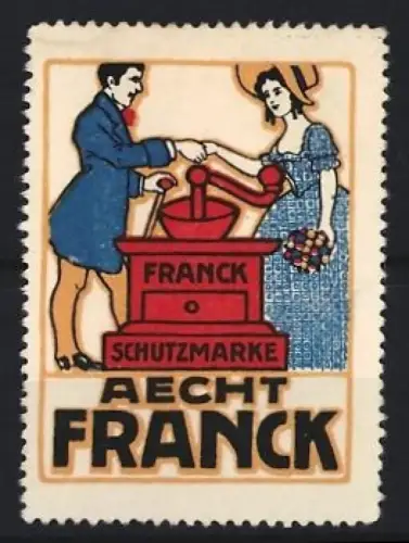 Reklamemarke Aecht Franck, Kaffee, Kaffeemühle und Händedruck