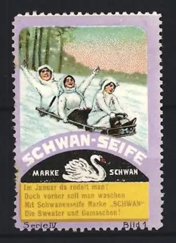 Reklamemarke Schwan-Seife, Schwanenmotiv, Schlittenfahrt im Winterwald