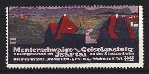Künstler-Reklamemarke Ludwig Hohlwein, Isartal, Heilmann`sche Immobilien-Gesellschaft