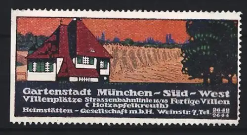 Künstler-Reklamemarke Ludwig Hohlwein, München, Heimstätten-Gesellschaft mbH, Ortsansicht