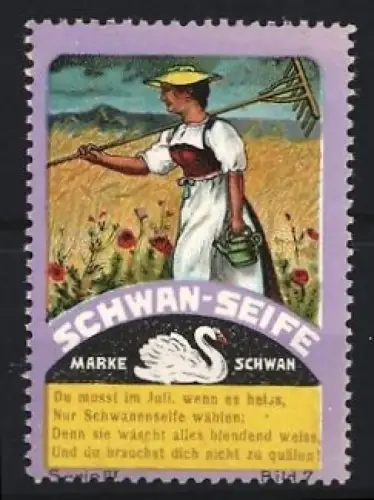Reklamemarke Schwan-Seife, Marke Schwan, Frau mit Rechen und Seife