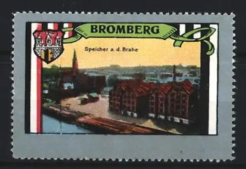 Reklamemarke Bromberg, Speicher a. d. Brahe, Flusslandschaft mit Gebäuden