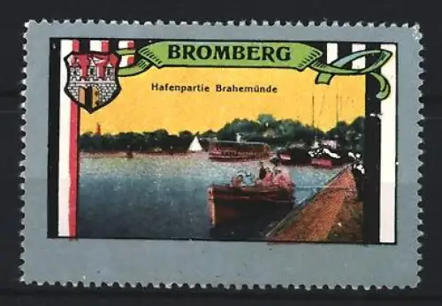 Reklamemarke Bromberg, Hafenpartie Brahemünde, Boote am Flussufer
