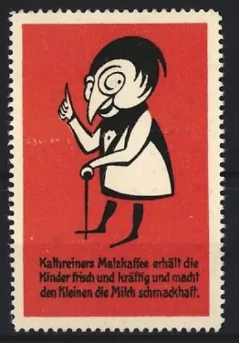 Reklamemarke Kathreiners Malzkaffee, Humorvolle Figur mit Spazierstock