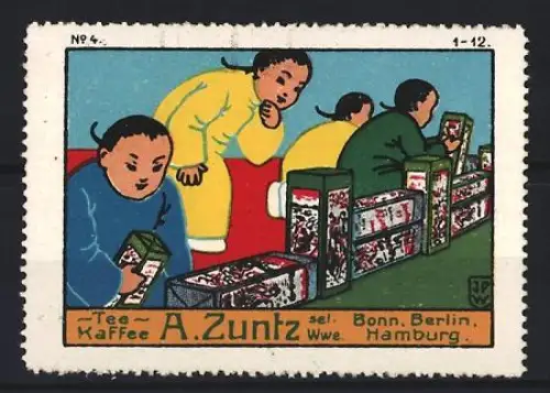 Reklamemarke Bonn & Berlin, A. Zuntz, Tee und Kaffee, Kinder mit Teepackungen