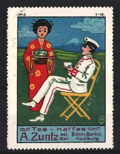 Reklamemarke Bonn & Berlin, A. Zuntz, Tee und Kaffee, Japanische Dame mit Tee und Berglandschaft