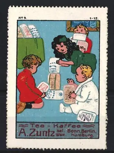 Reklamemarke Bonn, A. Zuntz, Tee und Kaffee, Spielende Kinder mit Briefen