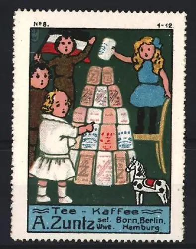 Reklamemarke Bonn, A. Zuntz, Kaffee und Tee, Kinder und Teepackungen
