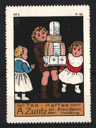 Reklamemarke Bonn, A. Zuntz, Tee und Kaffee, Kinder mit Paketen