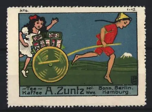 Reklamemarke Bonn & Berlin, A. Zuntz, Tee und Kaffee, Kind mit Karren