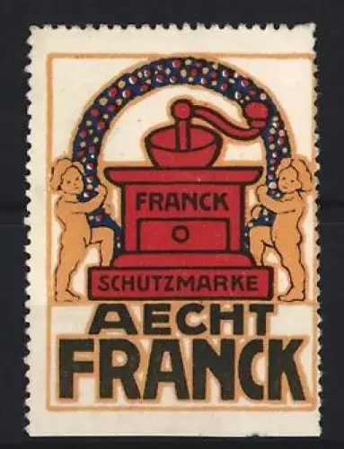 Reklamemarke Aecht Franck, Kaffee, Mörser mit zwei Figuren