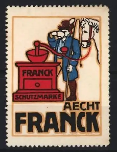 Reklamemarke Aechte Franck, Kaffee, Mann mit Mühle und Pferd