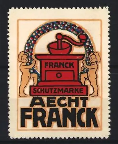 Reklamemarke Aecht Franck, Kaffee, Kaffeemühle und zwei Kinder