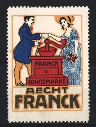 Reklamemarke Aecht Franck, Kaffee, Kaffeemühle und Händedruck