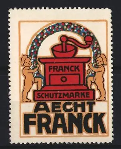 Reklamemarke Aecht Franck, Kaffee, Kaffeemühle mit Putten