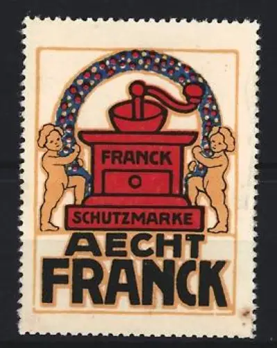 Reklamemarke Aecht Franck, Kaffee, Kaffeemühle mit Putten